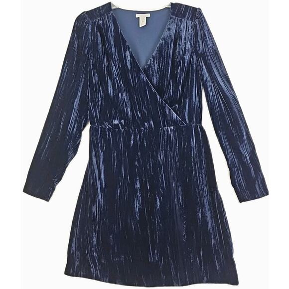 H&M~Woman Sz. 10~Navy Blue Velvet Unlined Dress Long Sleeve V Neck Fairy Grunge - Picture 1 of 15